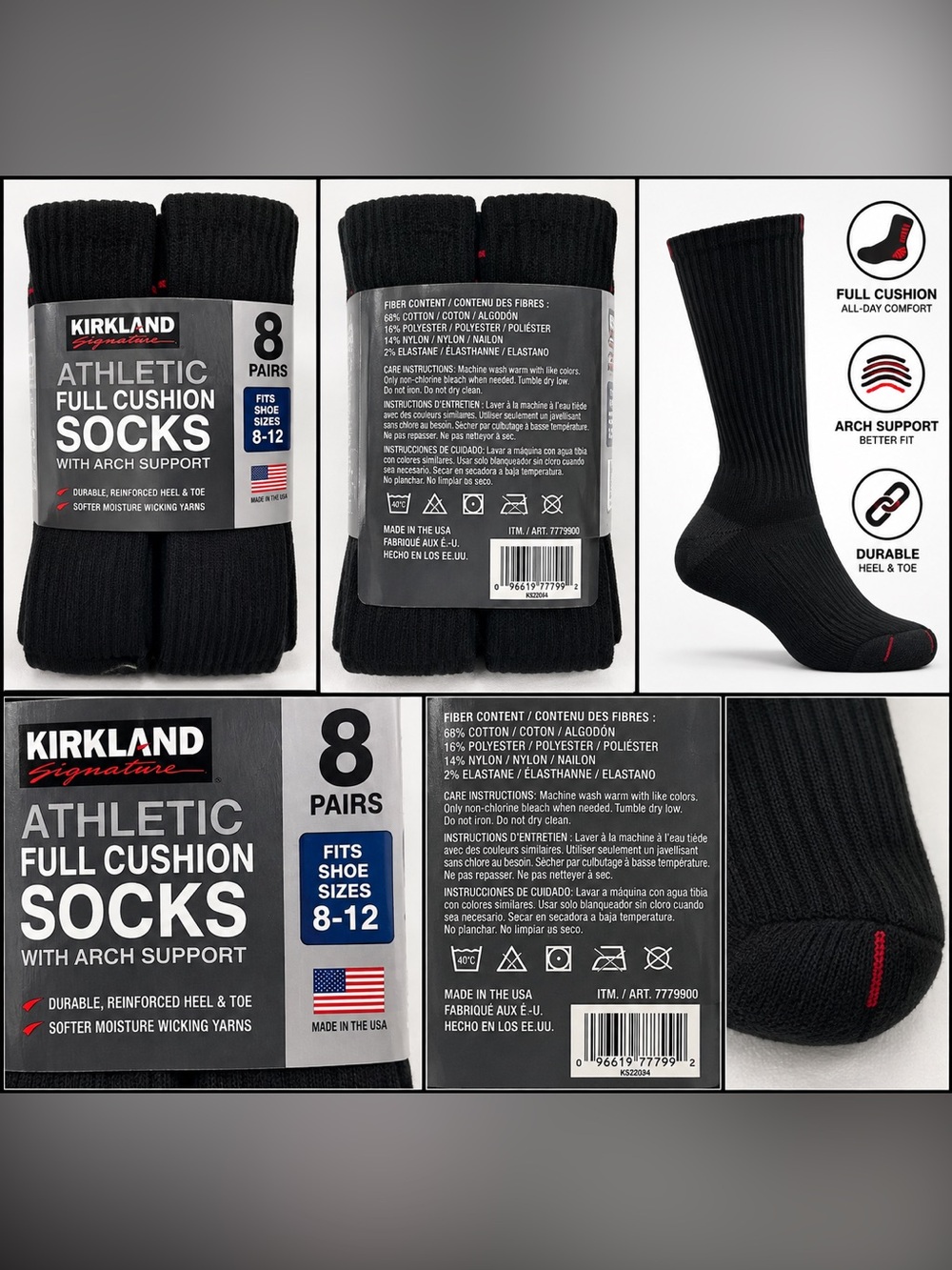 Kirkland Black Athletic Cushion Crew Socks - 8 Pairs